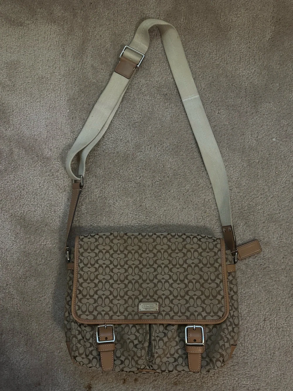 Y2K Coach Brown Signature Jacquard Canvas Messenger Bag with Tan Leather Trim